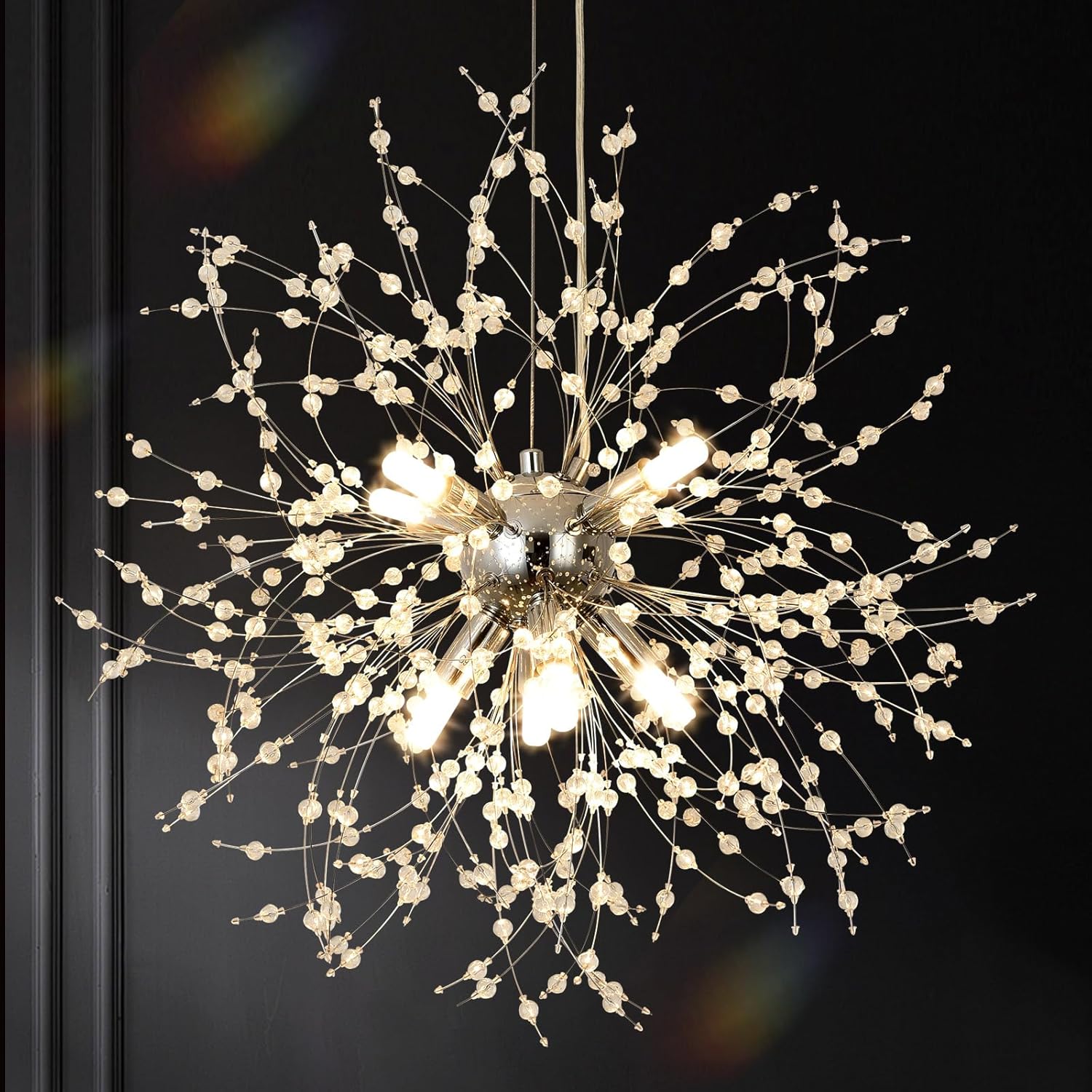 Lámpara de araña moderna KUNYEEE con diseño de fuegos artificiales y diente de león, acabado cromado plateado, 8 luces G9, lámpara de araña de cristal para sala de estar, dormitorio, comedor, vestíbulo, pasillo, Φ45 cm