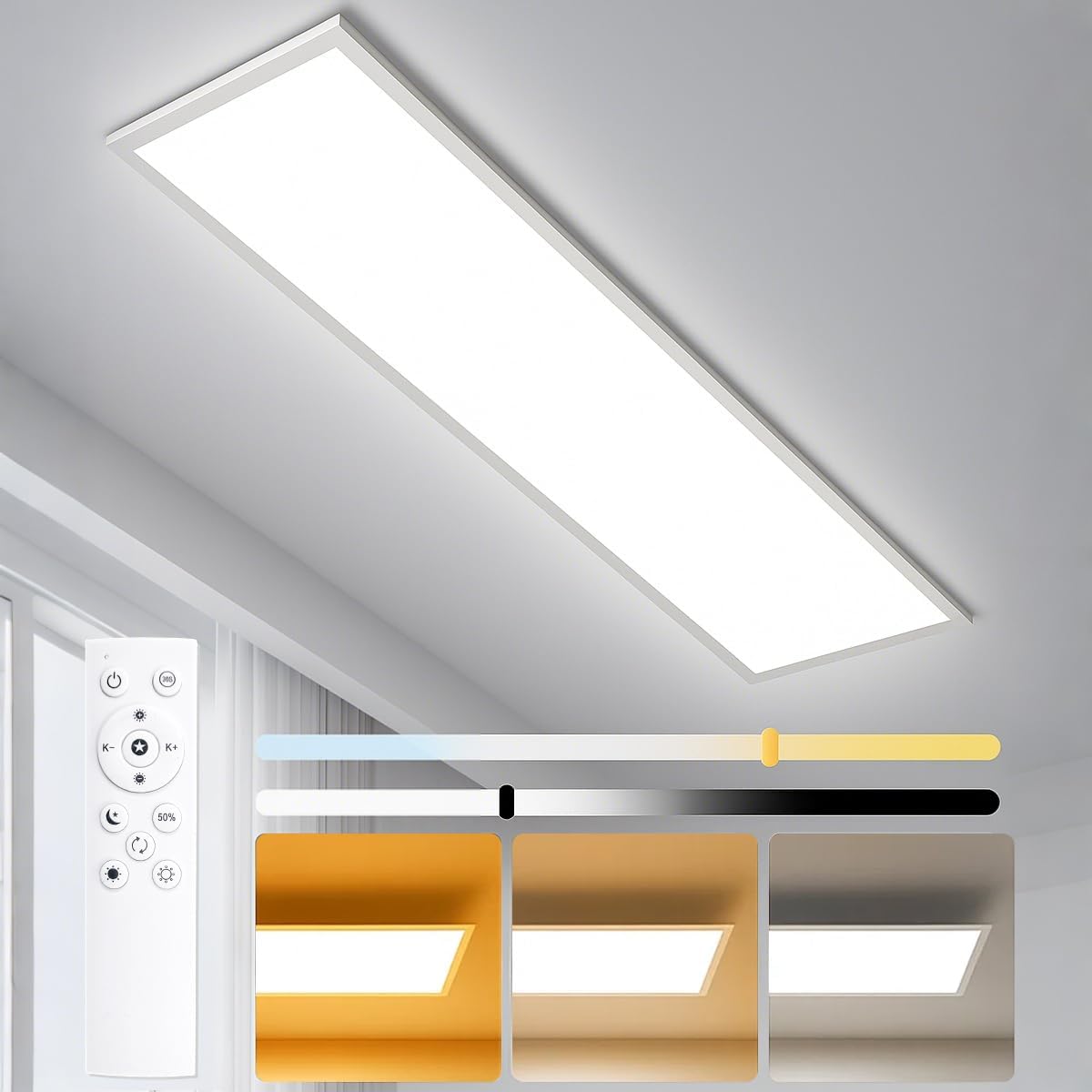 Lámpara de techo LED de panel de 120x30cm - 40W 4400lm - Regulable, temperatura de color ajustable 3000K/4000K/6500K, sin parpadeo - Lámpara de techo con control remoto, luz nocturna - Ideal para oficina, sala de estar, taller