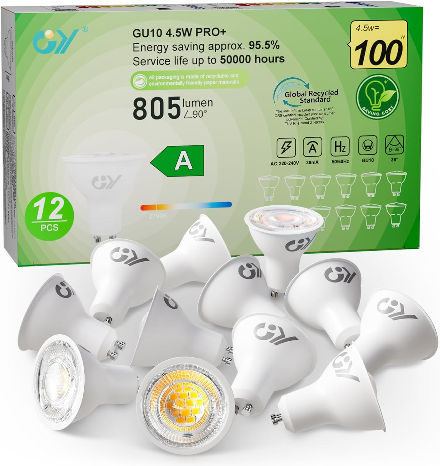 Bombilla LED GY GU10 de luz blanca fría, 4,5 W, 6500 K, 805 lúmenes, reemplaza bombillas incandescentes de luz blanca fría, reemplaza bombillas de 100 W, foco con ángulo de haz de 36°, bombillas reflectoras GU10 de bajo consumo no regulables, paquete de 12 unidades
