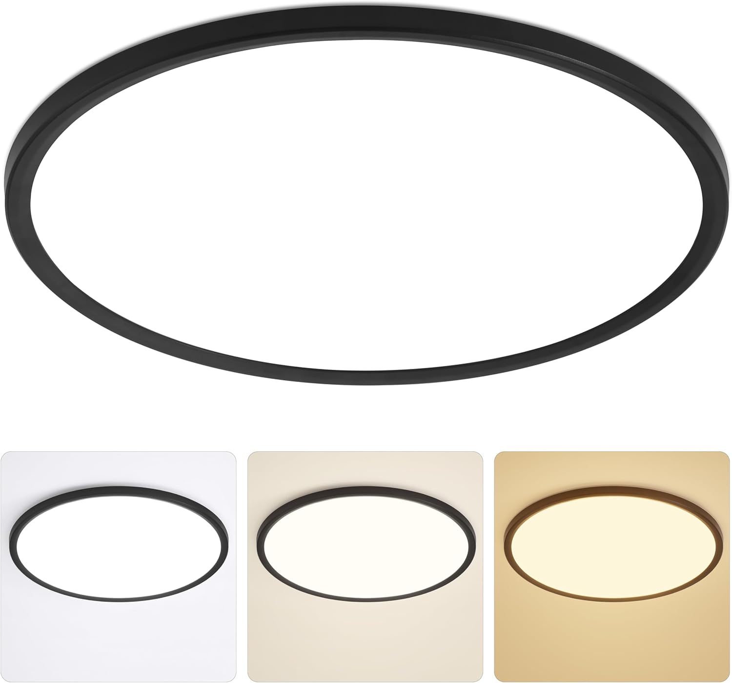 Lámpara de techo LED MOONSEA de 52 W, 3 colores (3000 K/4000 K/6500 K), ultrafina, redonda, negra, para salón, dormitorio, cocina, comedor y oficina, Ø59 cm.