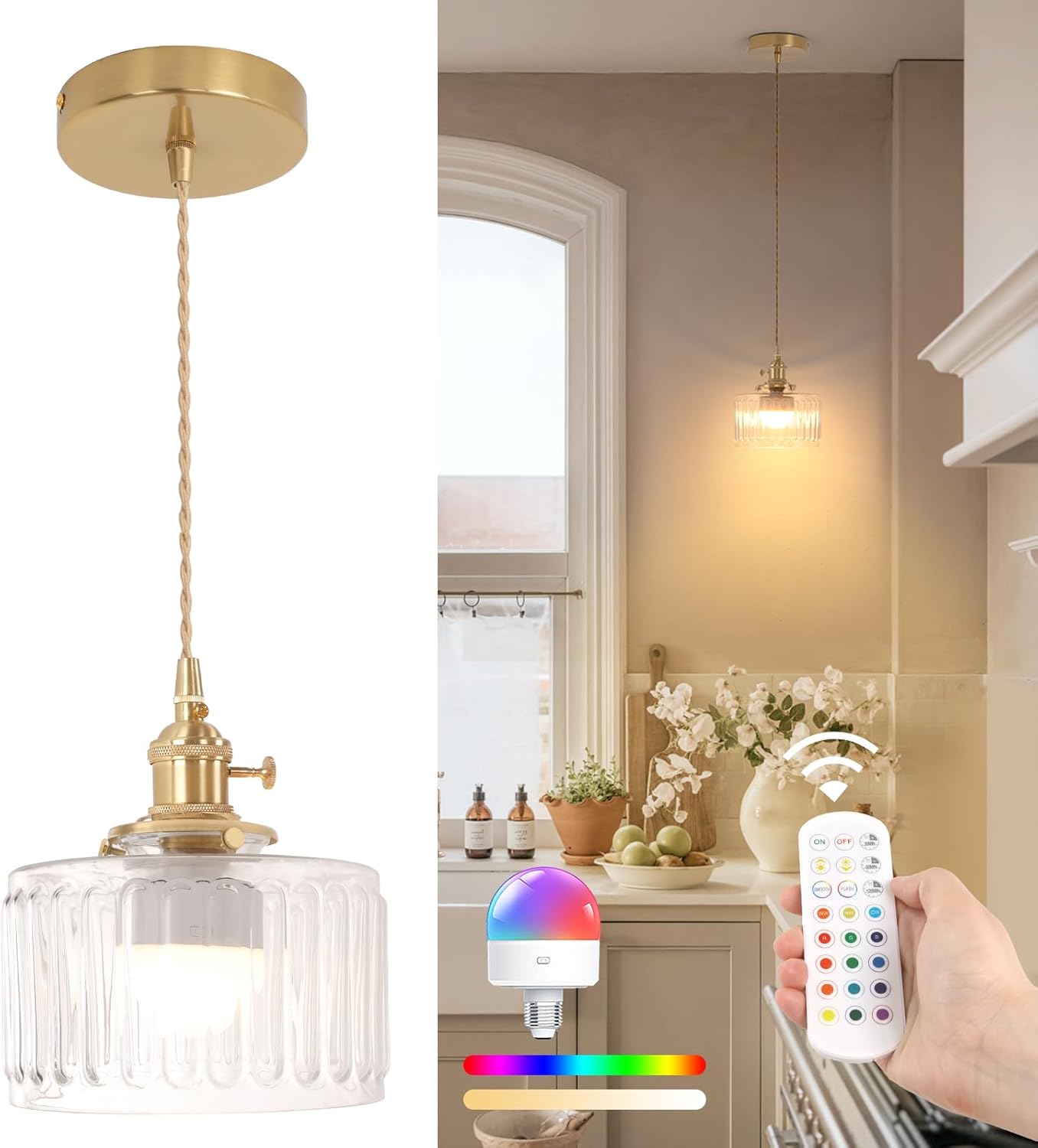 Lámpara colgante recargable Shenmoyl para mesa de comedor, lámpara colgante regulable, estilo vintage, altura ajustable, para cocina, comedor, dormitorio, sala de estar, rayas transparentes