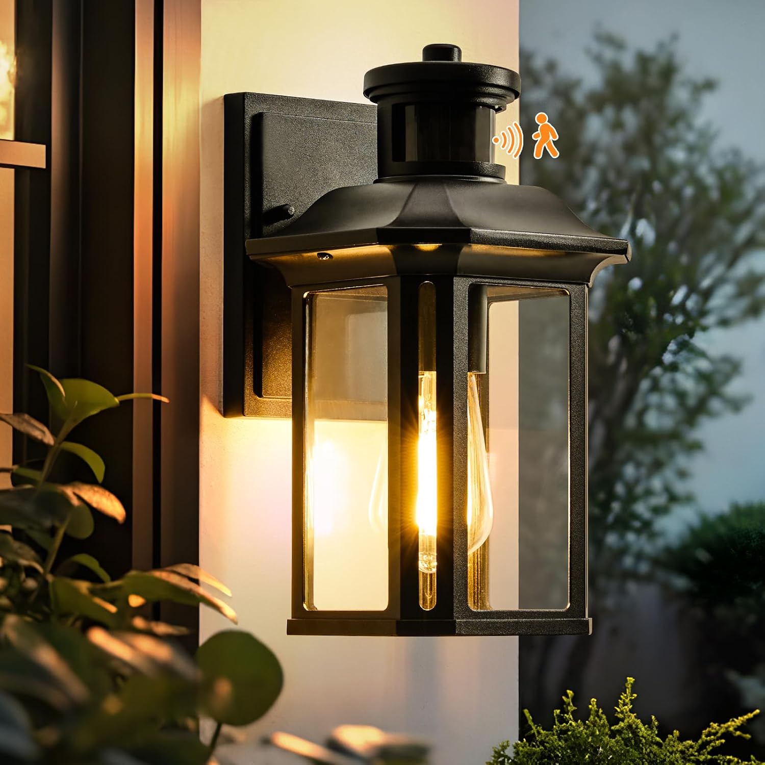 Lámpara de exterior con sensor de movimiento, aplique de pared exterior, aplique de pared negro vintage, lámpara de pared exterior con interruptor crepuscular, iluminación exterior, iluminación de pared para casa, 1 x E27