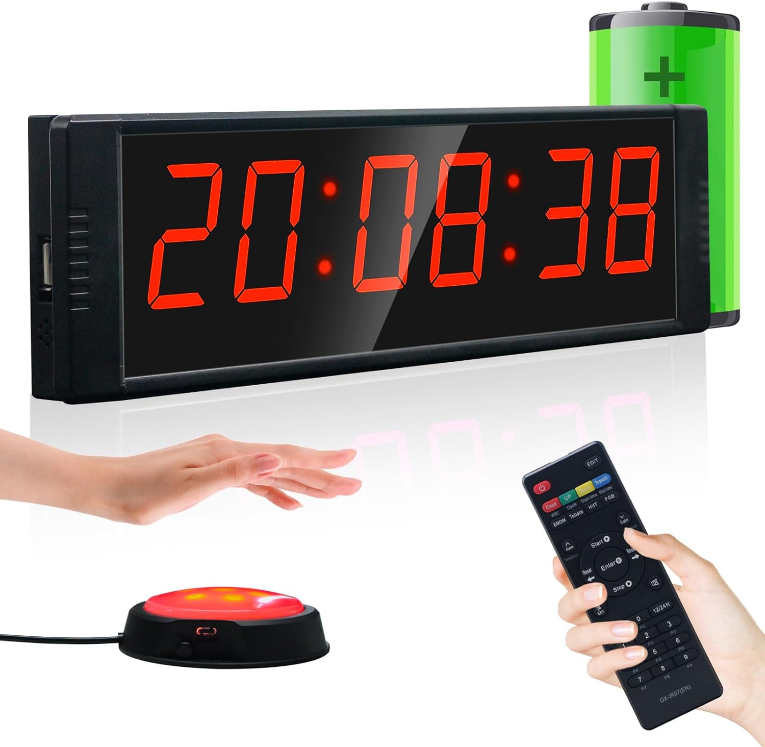 Temporizador Ousmile con cuenta regresiva, temporizador de gimnasio con botón de inicio/parada, cronómetro digital de 6 dígitos con control remoto, temporizador de intervalos portátil, reloj digital LED de 12/24 horas para entrenamiento, fitness, deportes, gimnasio en casa o garaje.