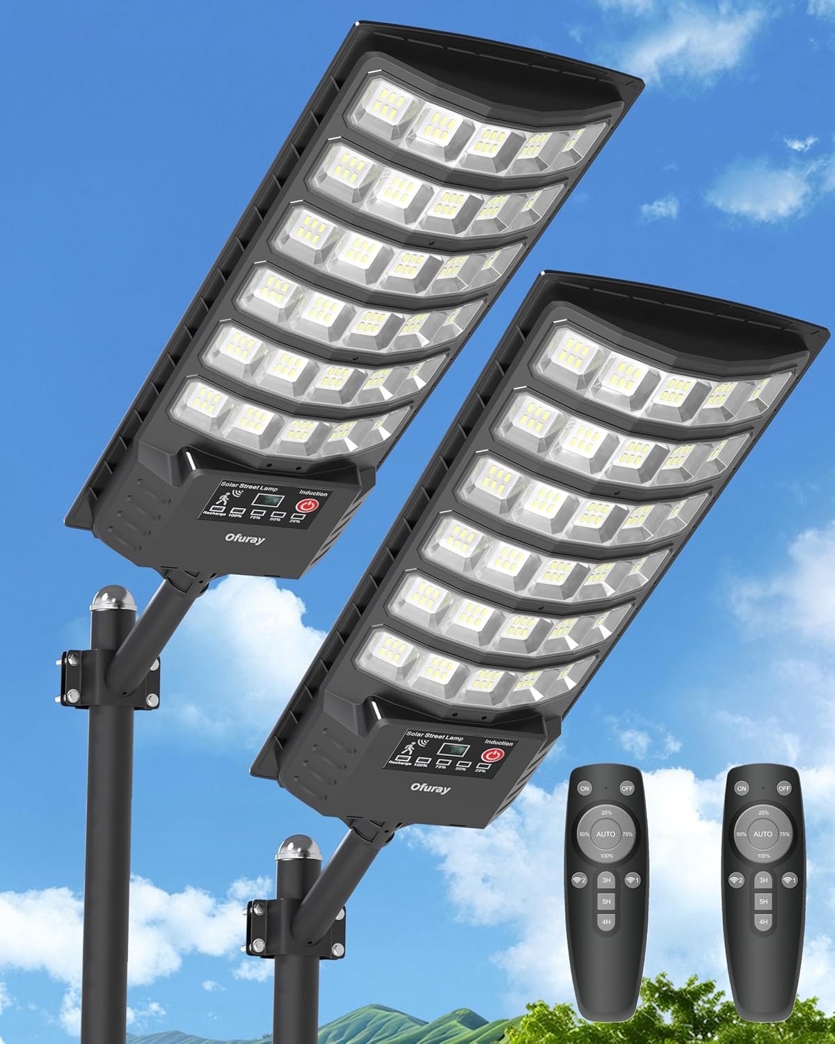 Farola solar Ofuray para exteriores, luces LED solares de 7000K con sensor de movimiento, 5000 mAh, 5 modos de iluminación, luces solares impermeables para jardines y garajes, OZL-2Pack