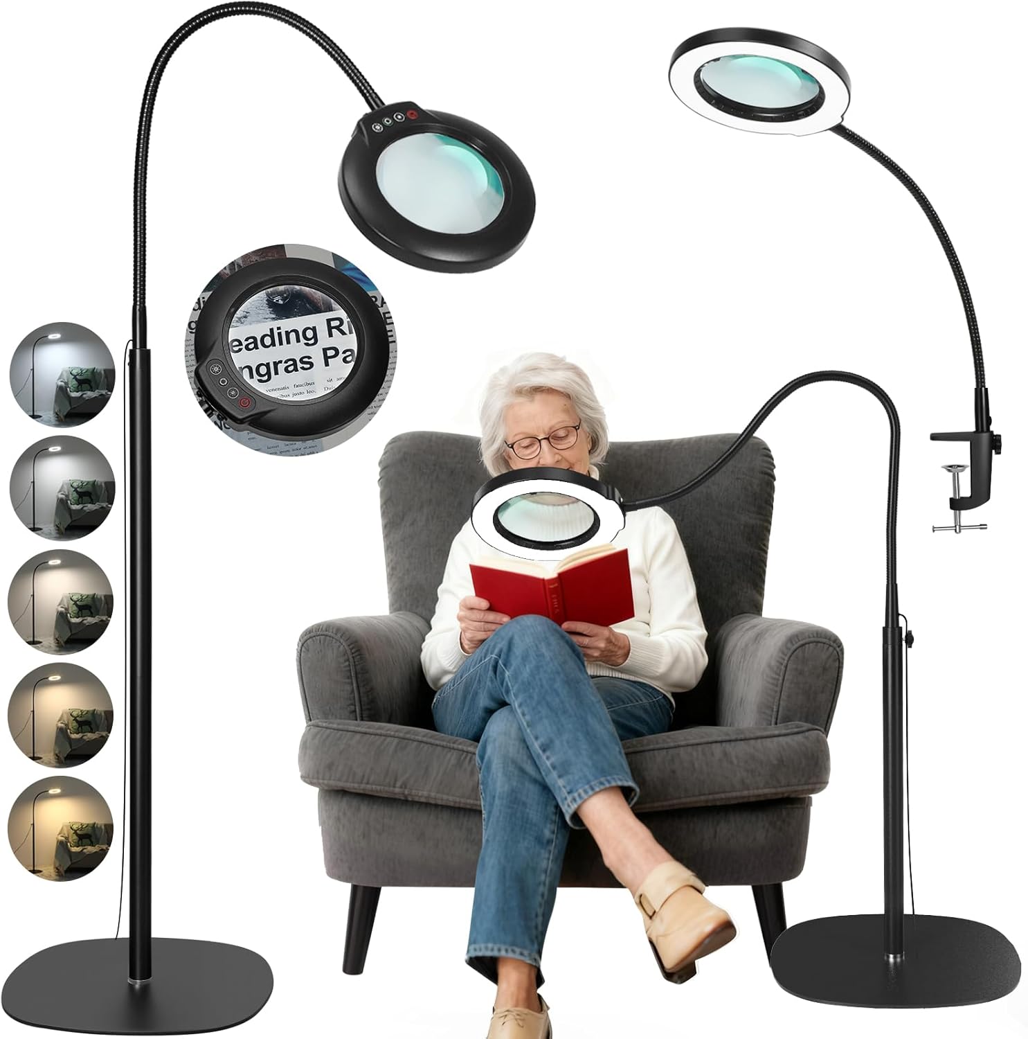 Lupa Veemagni 10X con lente de cristal auténtico, luz y soporte, lámpara de aumento flexible de cuello de cisne de 61 cm, 5 modos de color, atenuación continua, lámpara de aumento LED 3 en 1, manos libres para leer y pintar.