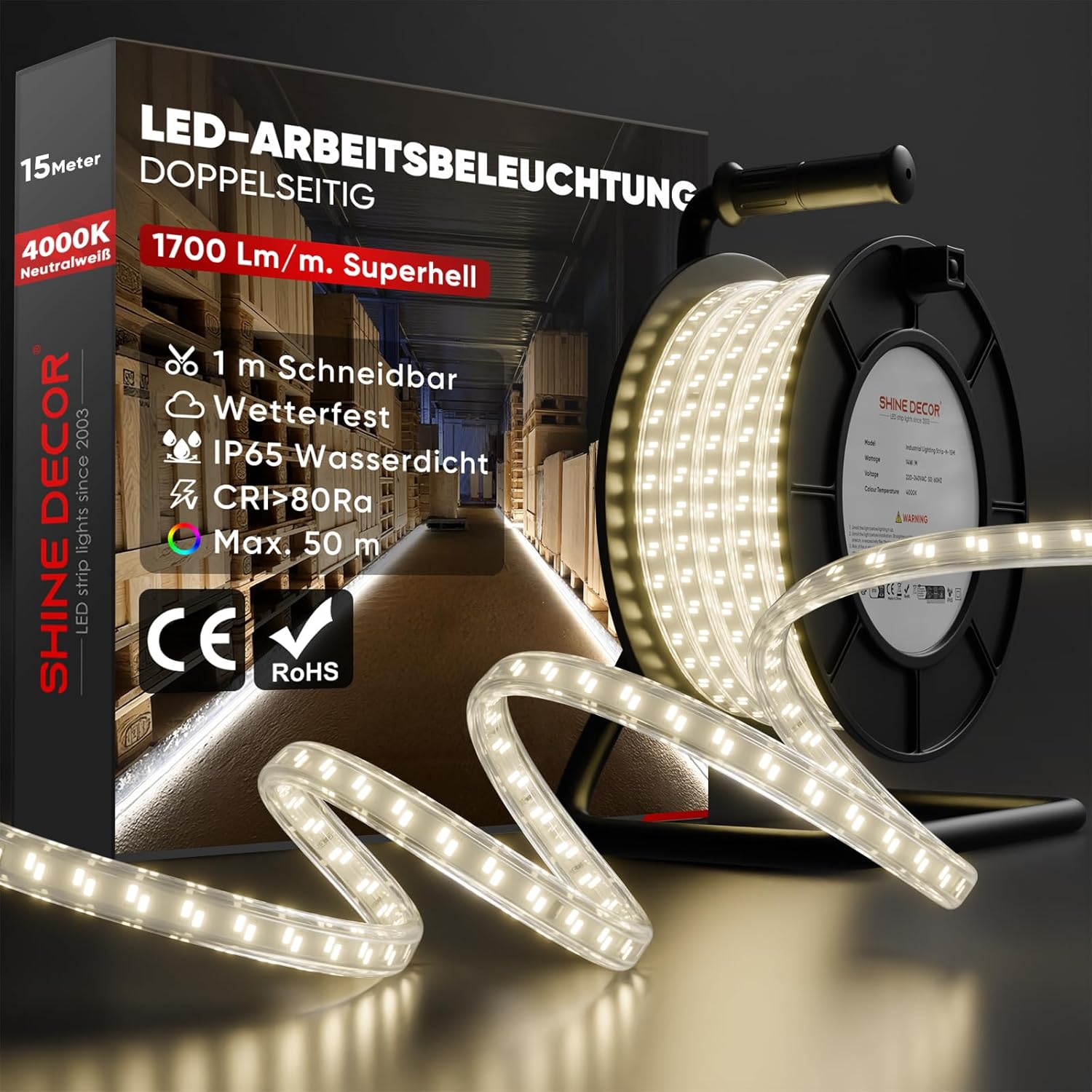 Tira de LED Shine Decor de 15 m, 210 W, 22.500 lm, resistente al agua IP65, luz de trabajo LED, extensible hasta 50 m para construcción, garaje, lugar de trabajo, jardín, materiales de construcción (blanco neutro 4000 K, 15 m con carrete de cable).