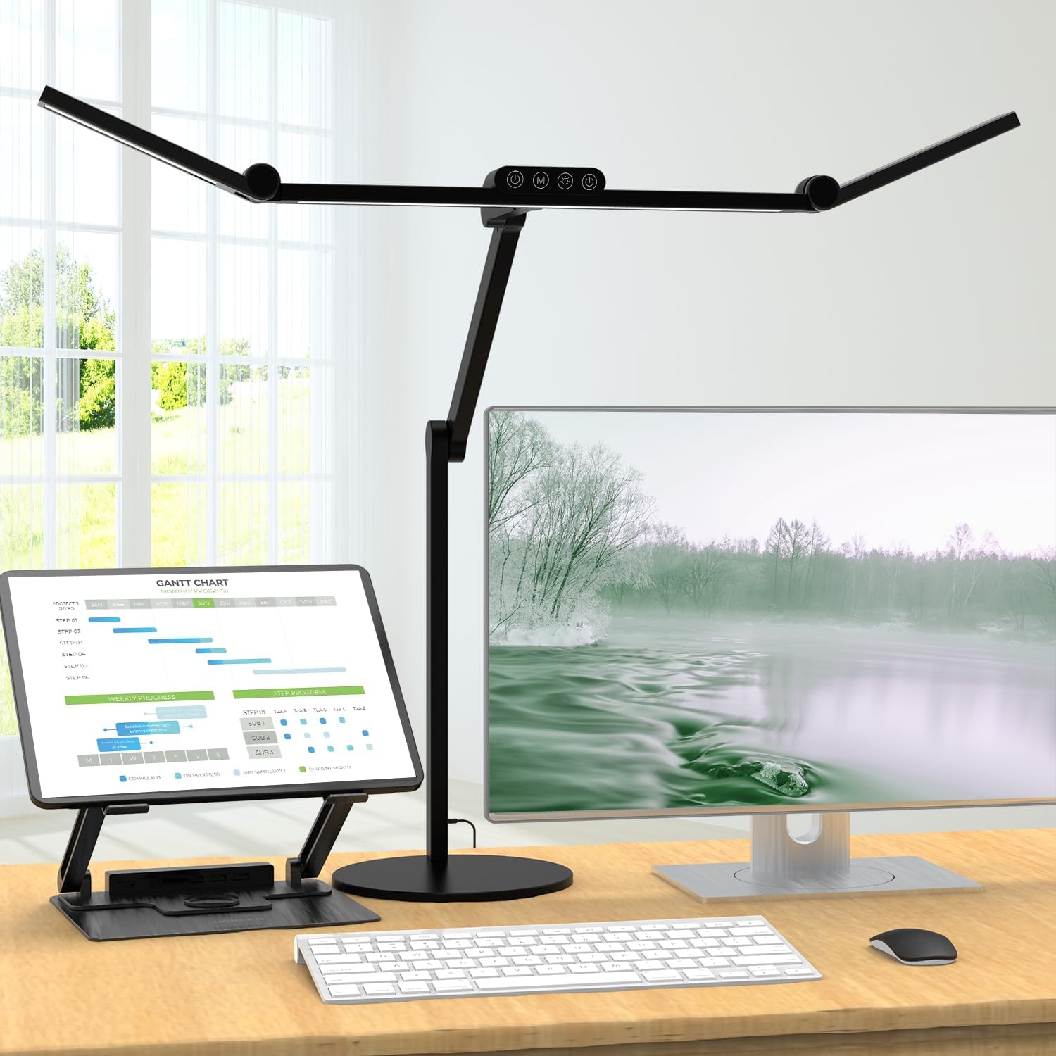 Lámpara de escritorio LED regulable de 1500 lúmenes – Lámpara de luz diurna de 24 W con base y luz ambiental, lámpara de mesa giratoria para oficina en casa y oficina, lámpara de escritorio automática para dibujar y trabajar