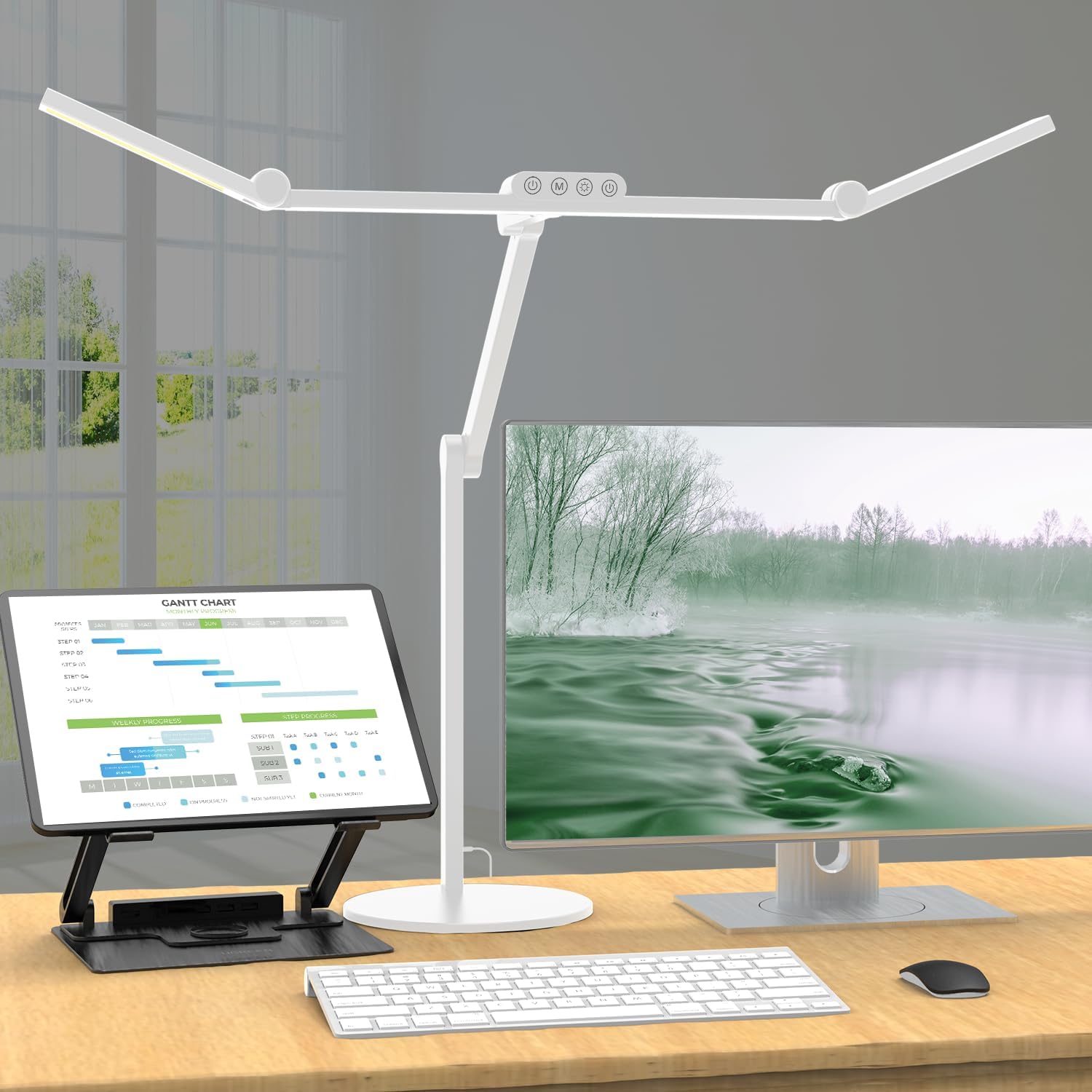 Lámpara de escritorio LED regulable de 24 W - Lámpara de luz diurna de 72 cm con base y luz ambiental, lámpara de mesa giratoria para oficina en casa y oficina, lámpara de escritorio automática para dibujar y trabajar