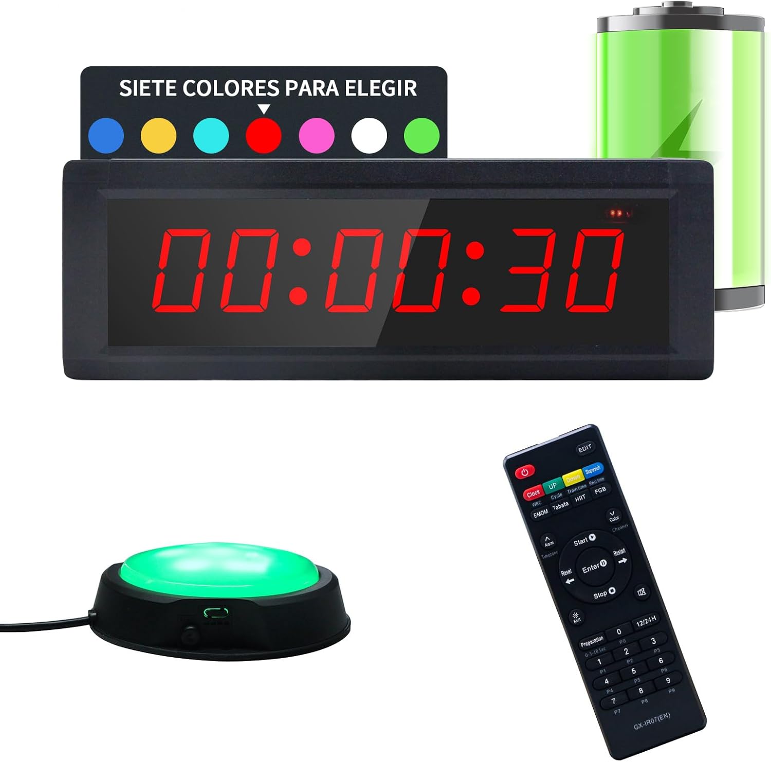 Temporizador de gimnasio, temporizador de cuenta regresiva con botón de inicio/parada, cronómetro digital de 7 colores con control remoto, reloj digital LED portátil de 12/24 horas con temporizador de intervalos para entrenamientos en casa.