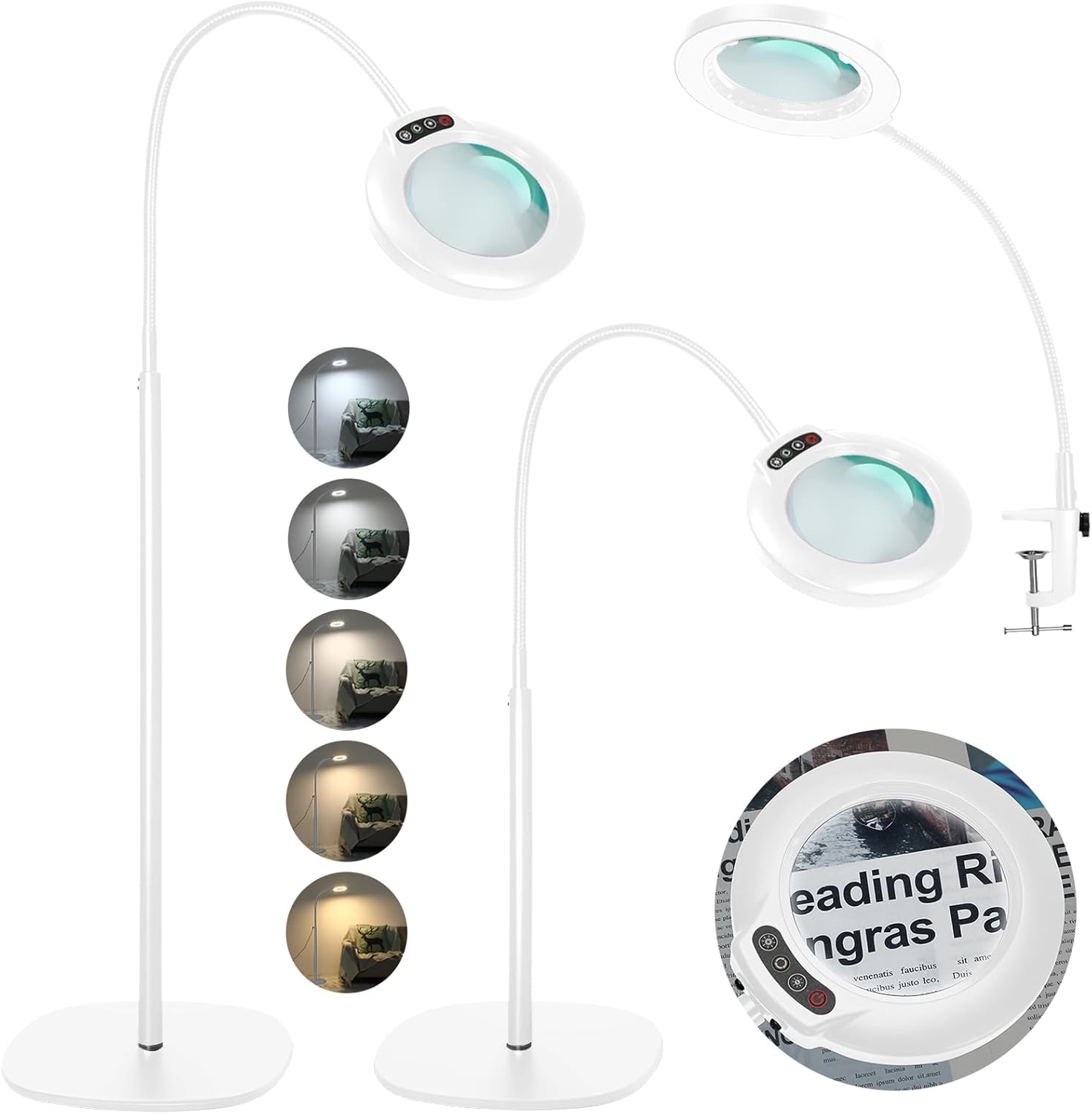 Lupa Veemagni 10X con luz y soporte, lámpara de pie con lupa de cuello de cisne flexible de 61 cm, 5 modos de color, atenuación continua, lupa LED 3 en 1 con soporte y luz, manos libres para leer, manualidades, costura, pintura, color blanco.