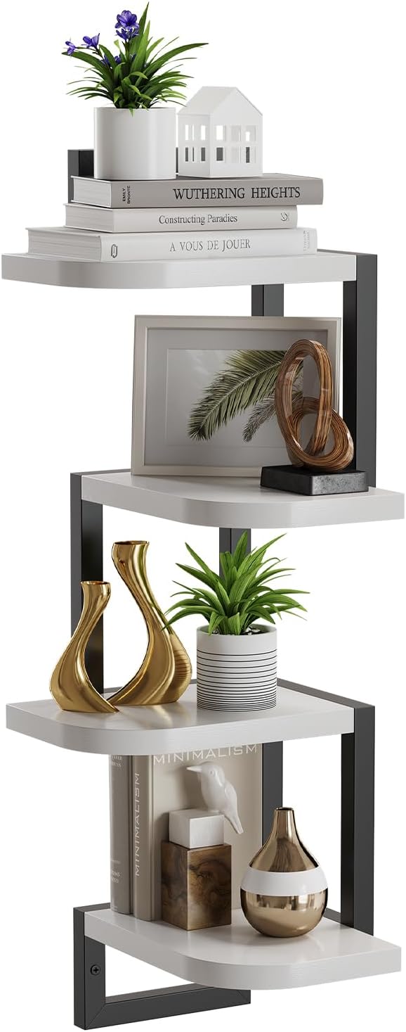 Juego de 4 estantes colgantes de esquina hi-home, almacenamiento de pared rústico de madera para estantería de habitación infantil, bonitos estantes de pared de esquina de madera para decoración de baño, sala de estar y cocina, blanco