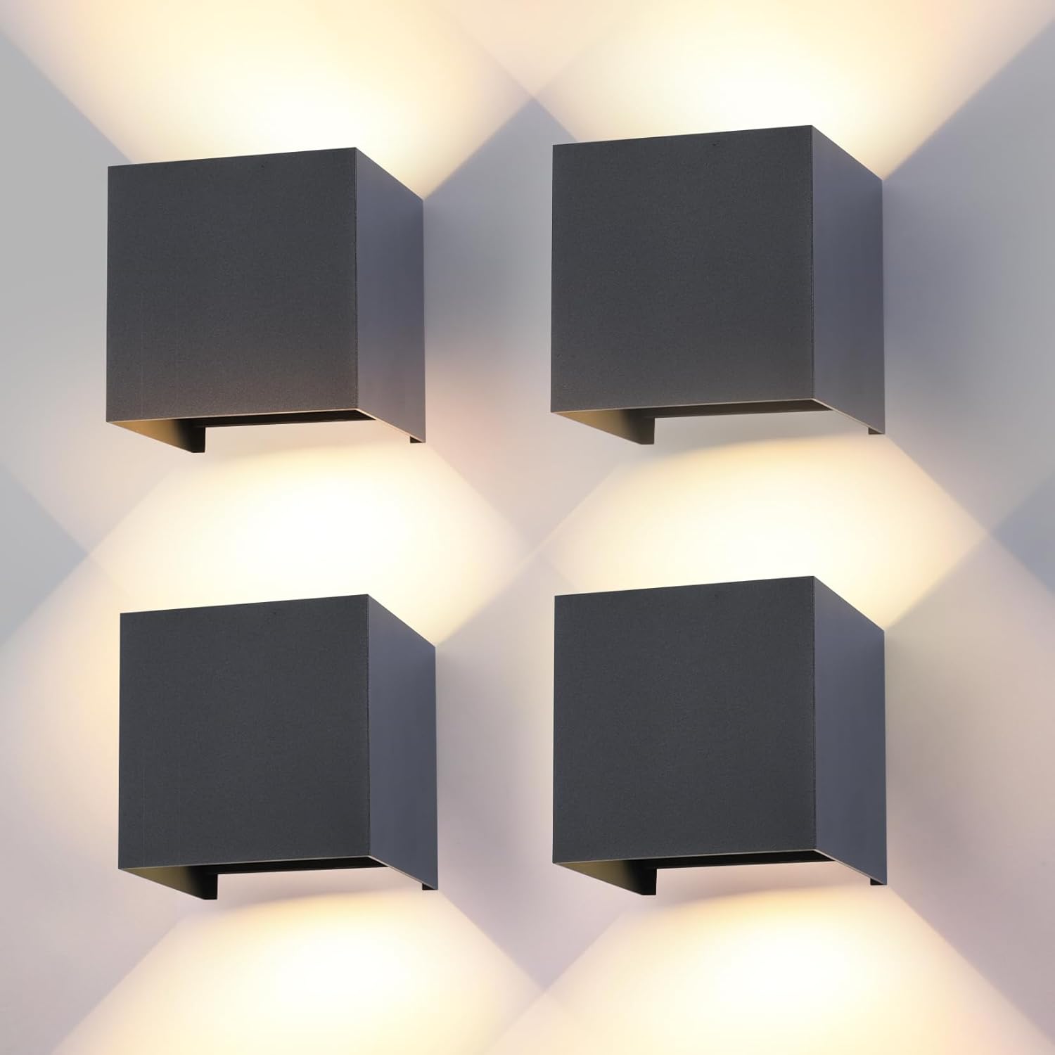 Paquete de 4 apliques LED de pared para interior/exterior, bombillas G9, reemplazables, color antracita, resistentes al agua IP65, luz blanca cálida de 3000K, cuadrados, de aluminio, ángulo de haz ajustable.