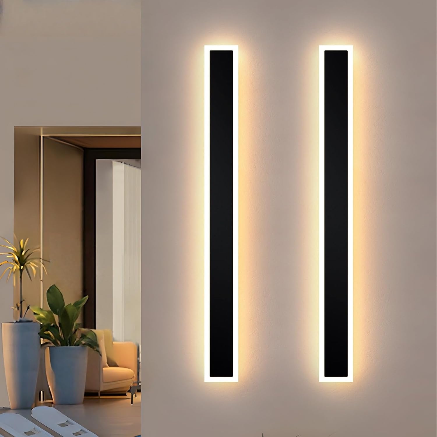 apliques de pared exteriores modernos de 60 cm, 3000K-6000K, regulables del 10% al 100%, apliques de pared exteriores largos, lámpara de pared impermeable IP65 con mando a distancia para entrada, pasillo, garaje, terraza, escalera, jardín. 2 UNID
