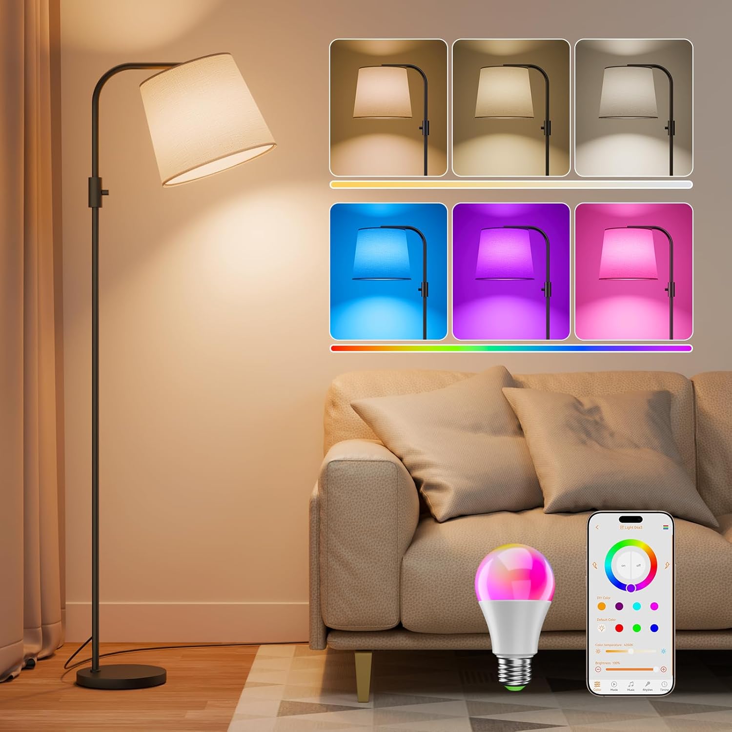 Lámpara de pie DUSKTEC RGB para sala de estar, lámpara de pie inteligente con Alexa, regulable en blanco cálido y frío, control por aplicación, lámpara de arco de 10 W y 1200 lúmenes, lámpara de lectura, lámpara de sofá para dormitorio, lámpara de mesita de noche.