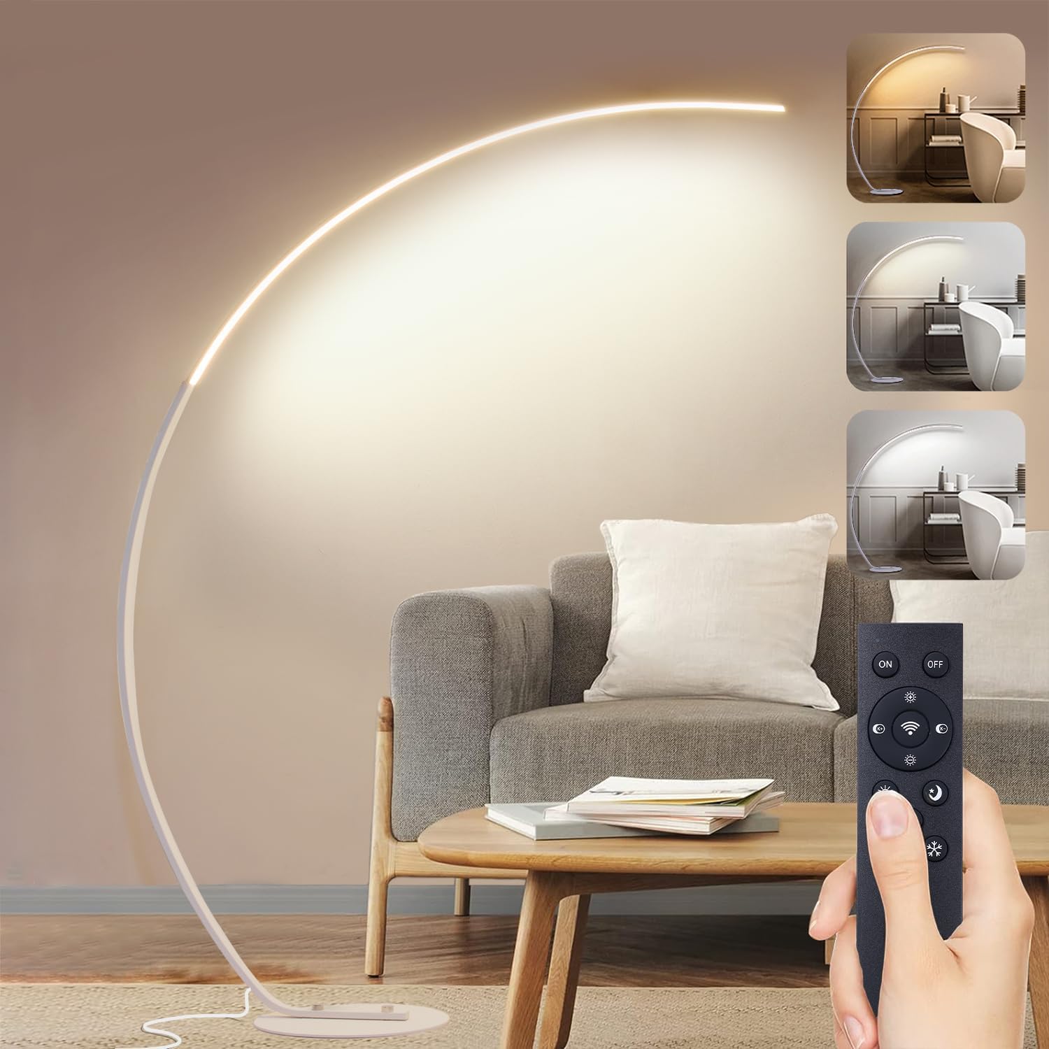 Lámpara de pie LED, lámpara de arco regulable para sala de estar, lámpara de pie blanca de 25 W con control remoto, lámpara de arco moderna con 3 temperaturas de color y función de memoria, lámpara de lectura de esquina para sofá, oficina, dormitorio, 165 cm