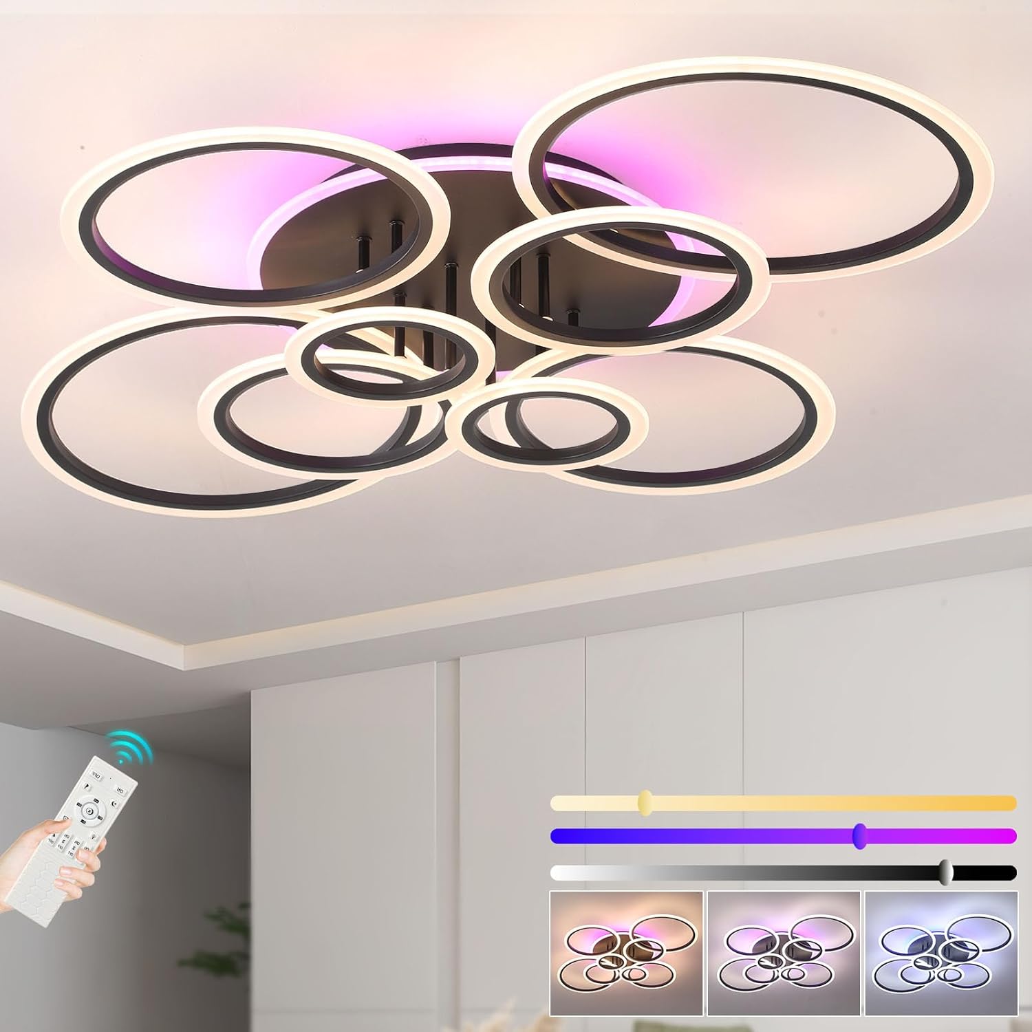 Lámpara de techo LED ZAITINZ, lámpara de salón de 8 anillos, lámpara de techo regulable de 80 W, lámparas de techo modernas con función de memoria, luces de techo de colores 3000-6000 K, lámpara de interior para salón negra 105 * 85 cm