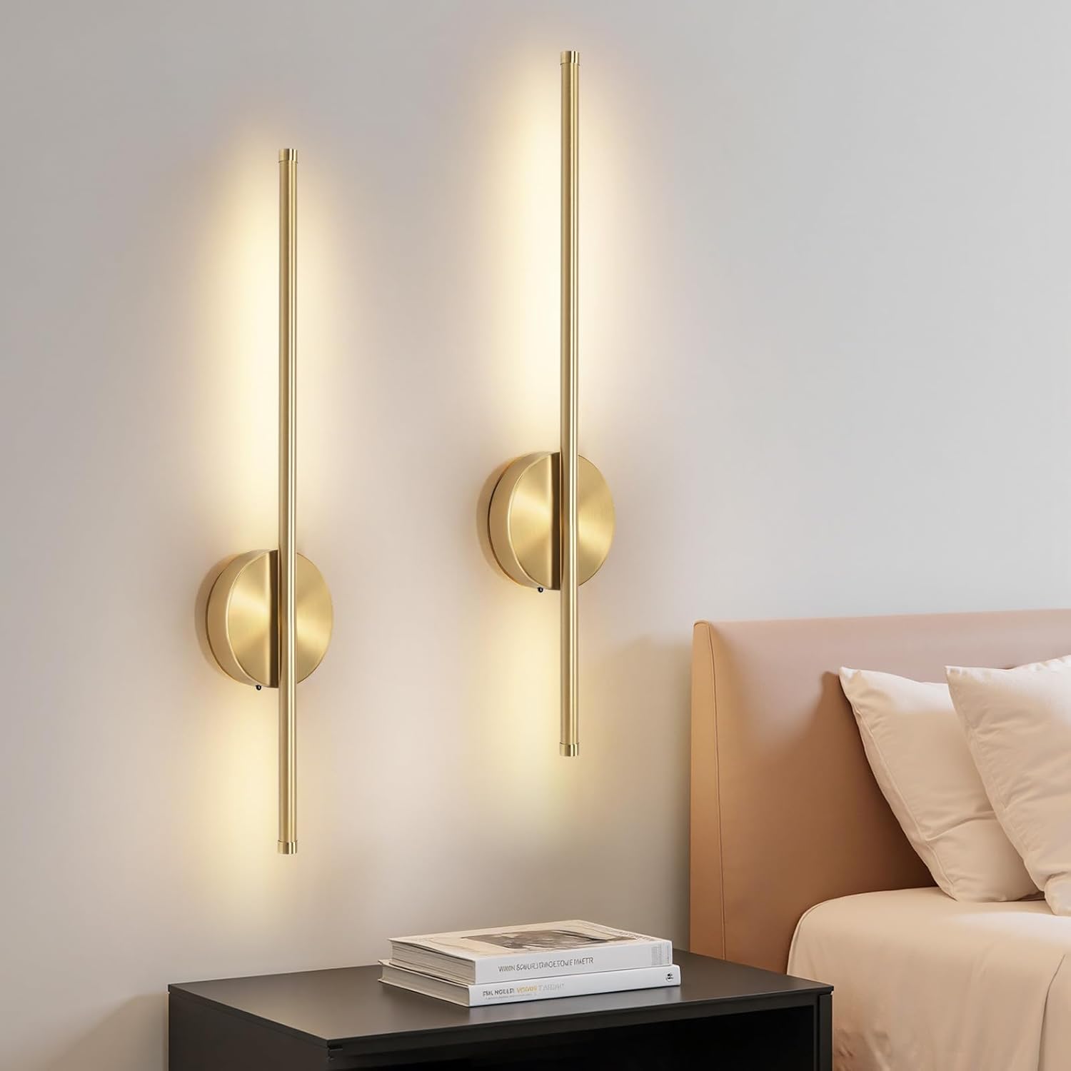 Aplique de pared interior inalámbrico Dehobo con interruptor y control remoto, luces LED, color dorado, 60 cm, regulable con 3 temperaturas de color, para sala de estar y dormitorio, paquete de 2.