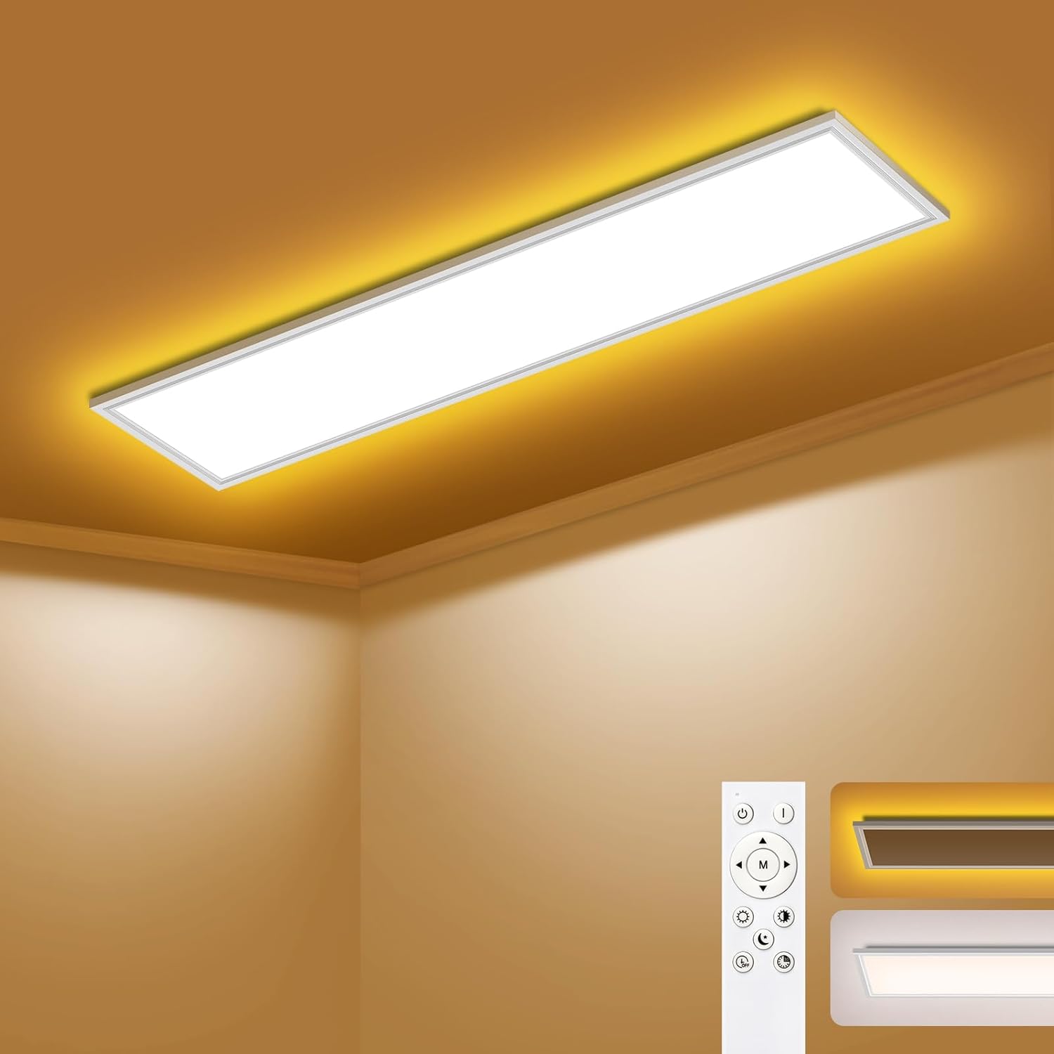 Lámpara de techo LED regulable - Panel LED de 120x30cm, 44W 4400LM, con mando a distancia, 3000K-6500K - Luz nocturna cálida - Lámpara de techo plana para dormitorio, habitación infantil, salón, cocina.