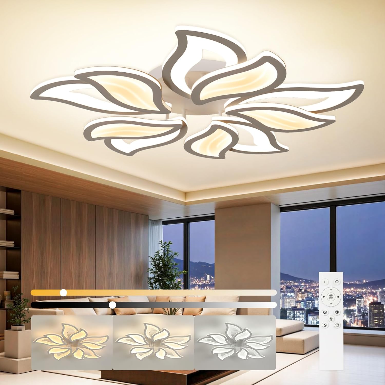 Lámpara de techo LED regulable OTREN de 70 cm y 60 W con mando a distancia, 3000 K–6500 K, luz nocturna, temporizador y función de memoria, lámpara de araña moderna con diseño de pétalos para dormitorio, sala de estar y cocina.