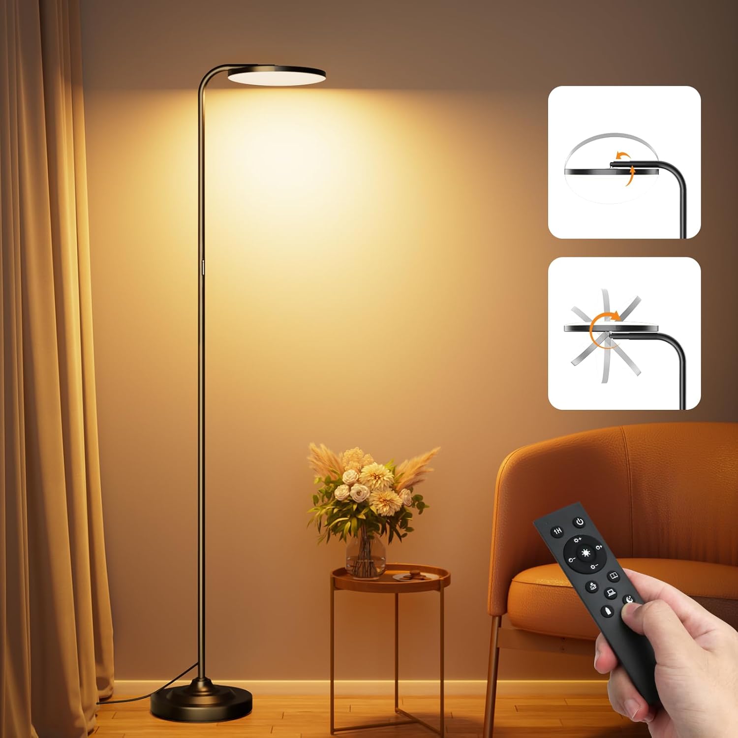 Lámpara de pie de 36 W para sala de estar, lámpara de pie moderna y brillante de 2400 lúmenes, regulable con control remoto magnético, lámpara de lectura LED de 3000 K a 6000 K para sala de estar, dormitorio u oficina, color negro.
