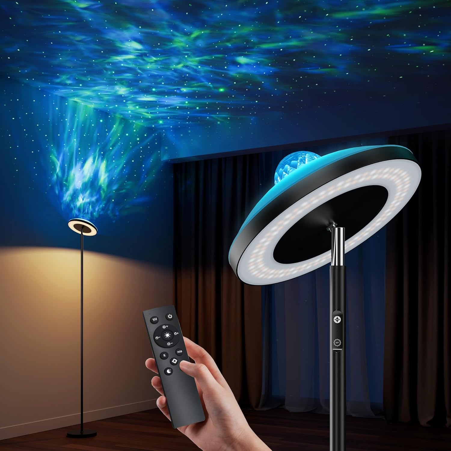 Lámpara de pie DUSKTEC RGB con iluminación de techo, control remoto, proyector de cielo estrellado, lámpara de pie LED regulable con luz de lectura y temporizador, luz blanca cálida y fría, lámpara de pie negra para habitación infantil, dormitorio o sala de estar.