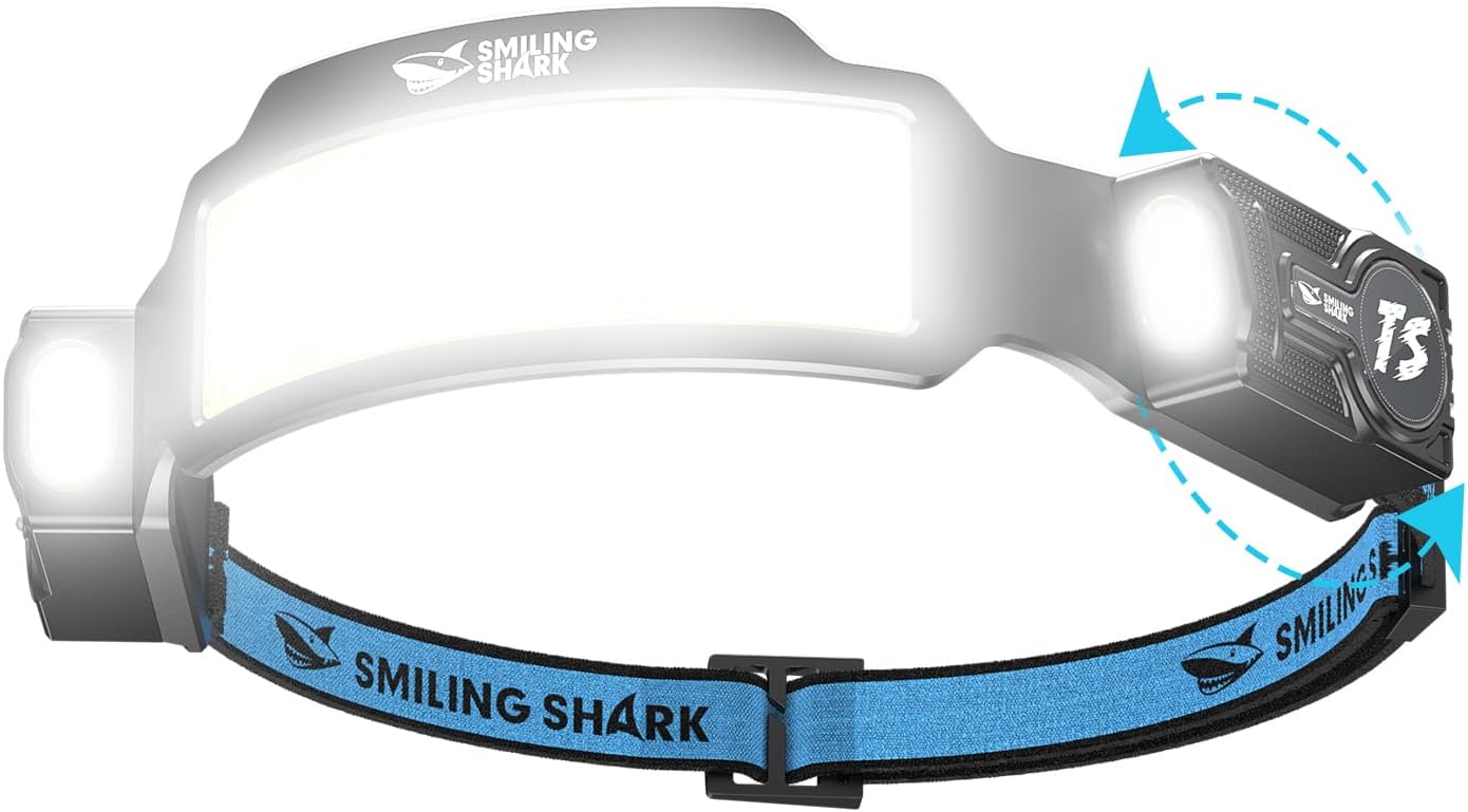 Linterna frontal Smiling Shark, linterna frontal LED recargable superbrillante con 6 modos de haz amplio y foco ajustable, sensor de movimiento, batería de 2400 mAh, 6 modos para correr, senderismo y acampada.
