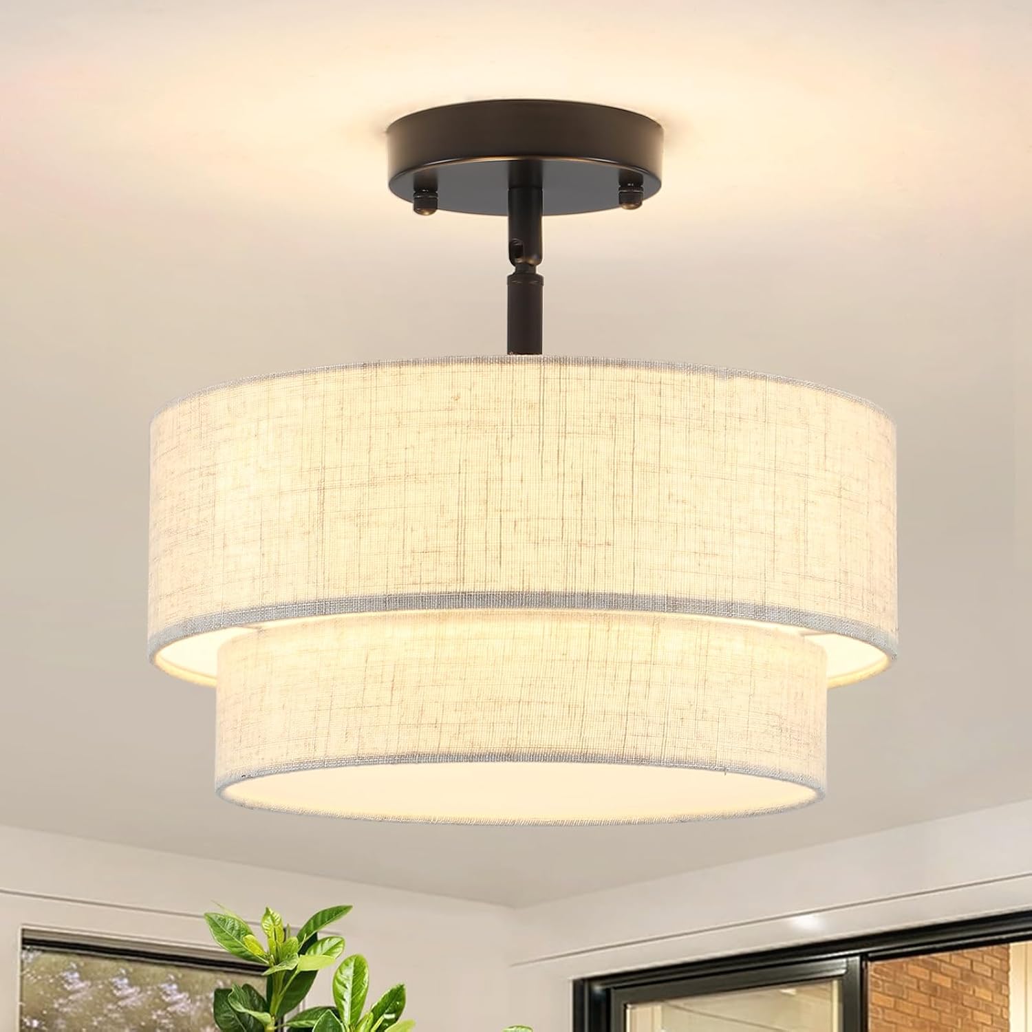 Lámpara de techo ASHUAQI negra, lámpara de techo de tela de 3 luces, araña moderna negra, lámpara de techo beige de Ø32 cm para sala de estar, dormitorio, habitación infantil, cocina, pasillo, entrada.