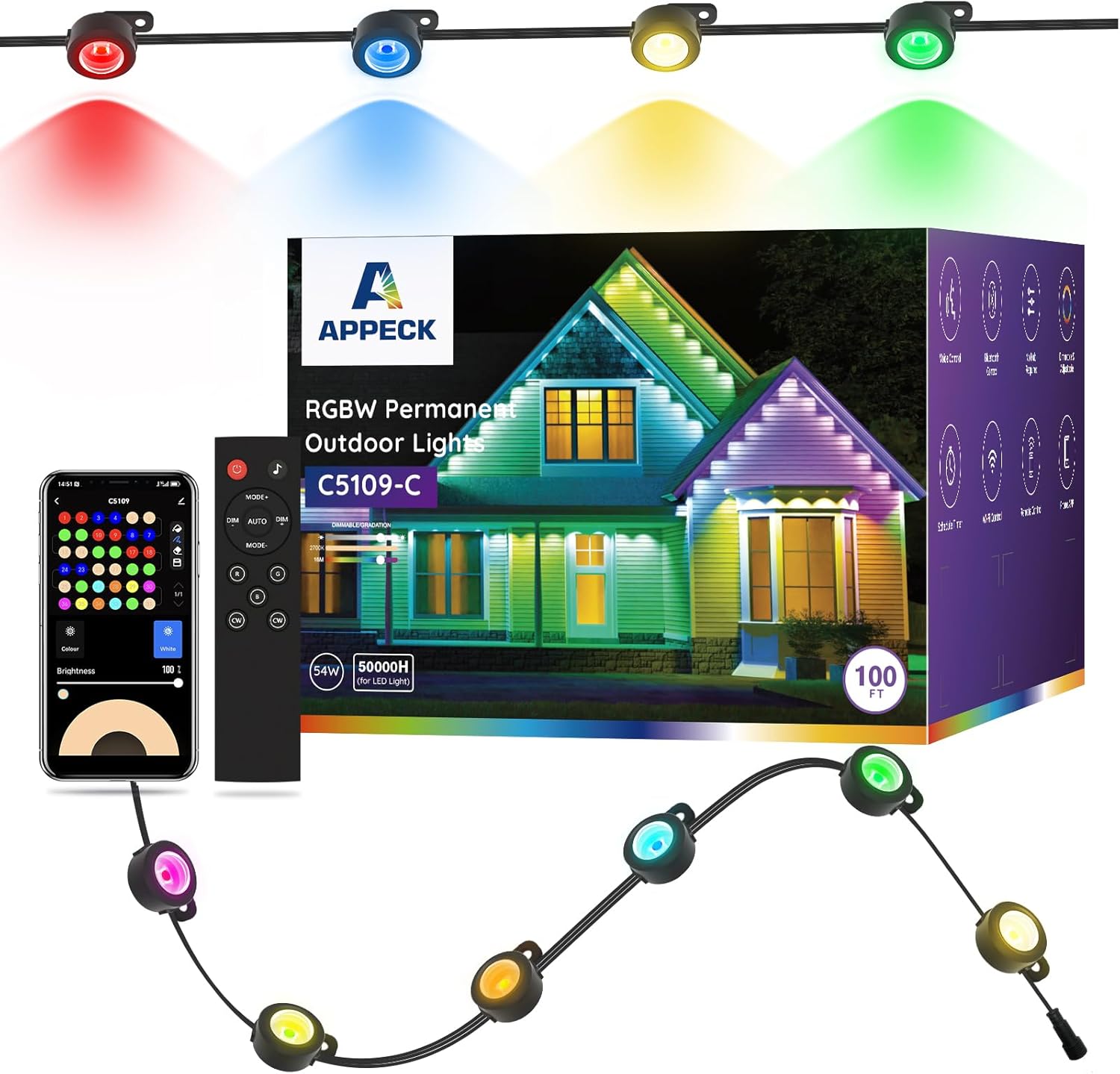 Guirnalda de luces LED permanentes para exteriores APPECK de 30 m con 72 LED, RGBW, resistente al agua, 111 modos de escena, control por app/voz/mando a distancia, ideal para iluminación navideña, fiestas y decoración diaria, color negro.