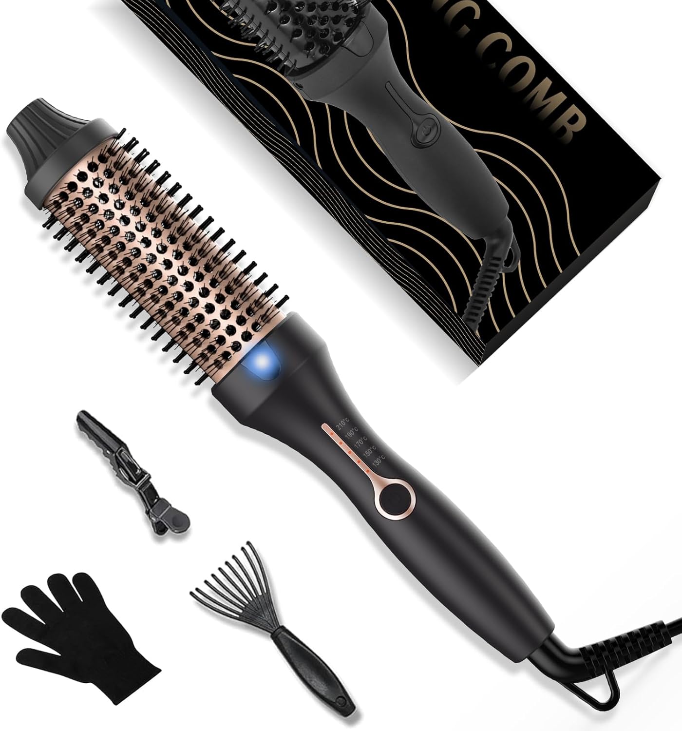 Cepillo térmico de 38 mm, redondo, de 120-200 ℃, de doble voltaje para aumentar el volumen del cabello. Se puede usar como peine, plancha y rizador. Ligero y compacto.