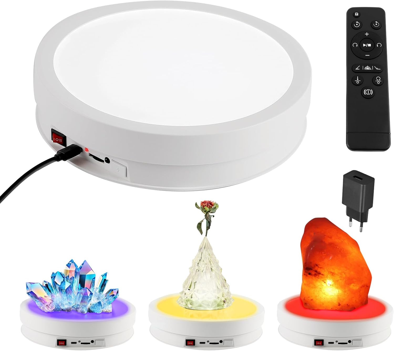 Soporte giratorio para exhibición JOJOCY, 22 cm, con luz LED de 6 colores, capacidad de carga de 20 kg, plataforma giratoria eléctrica para fotografía, 360 grados para joyería, vidrio, cristal y obras de arte esféricas.
