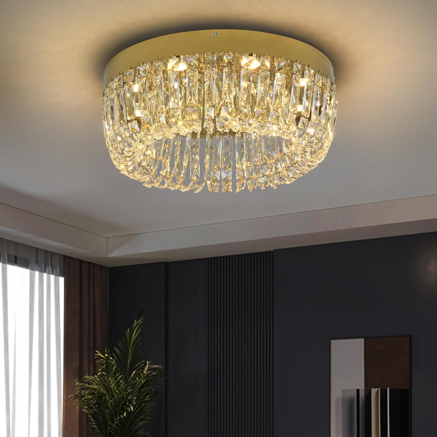 Lámpara de araña Deckrico Gold Crystal de 50 cm – Lámpara de techo LED de lujo con luz de 3 colores, iluminación moderna para sala de estar, comedor y dormitorio.