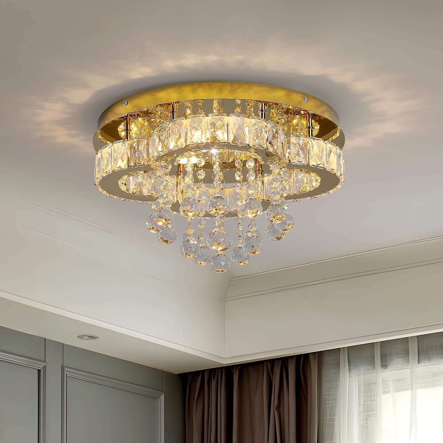Lámpara de techo moderna de cristal GreeLustr para sala de estar, luz regulable y diseño elegante para dormitorio, pasillo, cocina, lámpara de techo de cristal dorado (40 cm).
