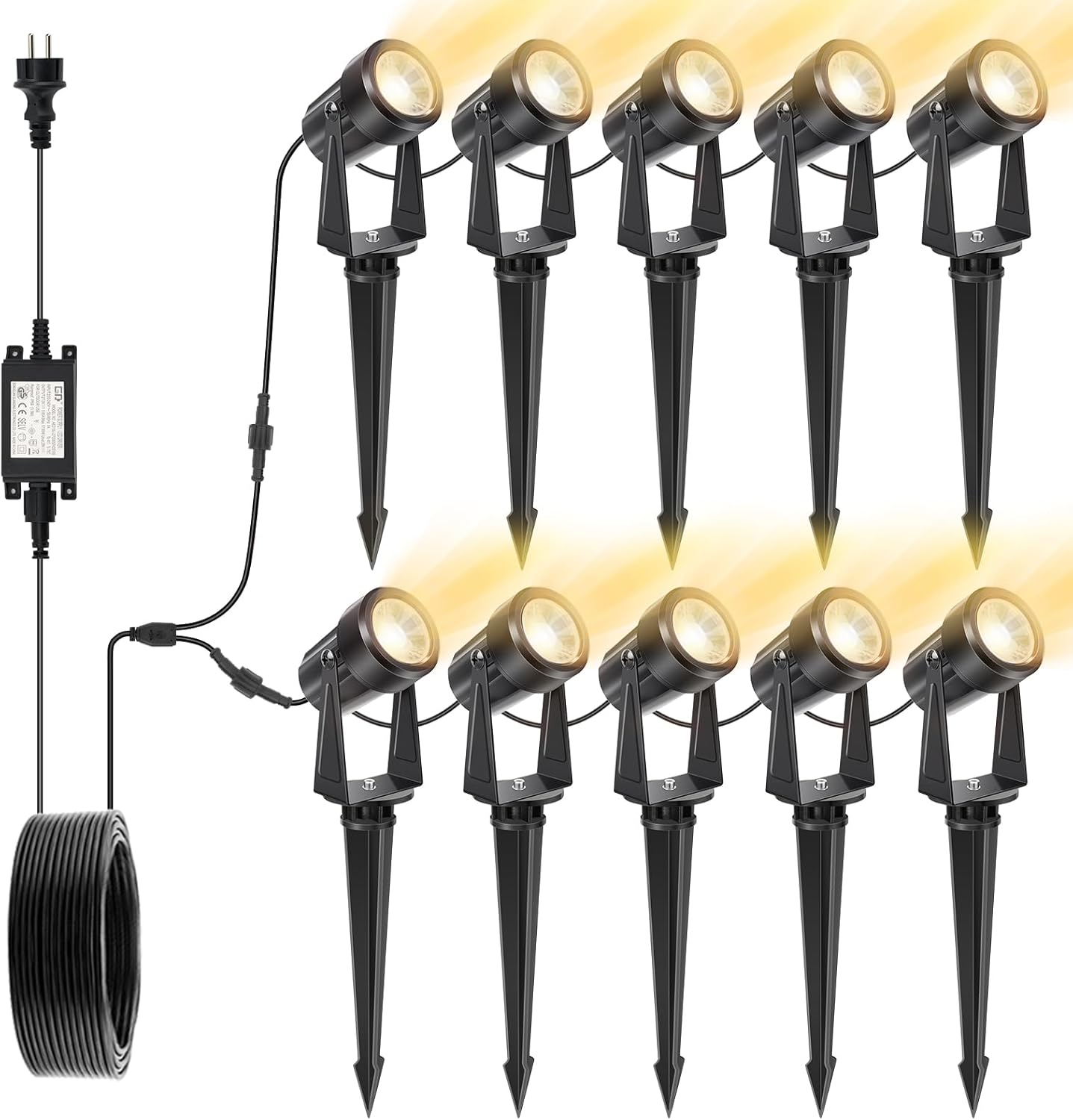 Luces LED para jardín NIORSUN, focos LED de luz blanca cálida de 3000 K, focos para jardín impermeables IP67, luces para jardín de 32 m y 27 V con adaptador, lámparas de jardín para exteriores, jardín, patio y árboles (paquete de 10).