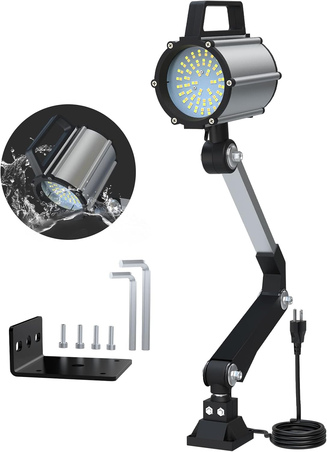 Máquina LED de ángulo ajustable, luz de trabajo de doble color de brazo largo, lámpara de máquina de 25 W, 2500 lúmenes, blanco cálido y frío conmutable para tornos, prensas de taladro (plateado)